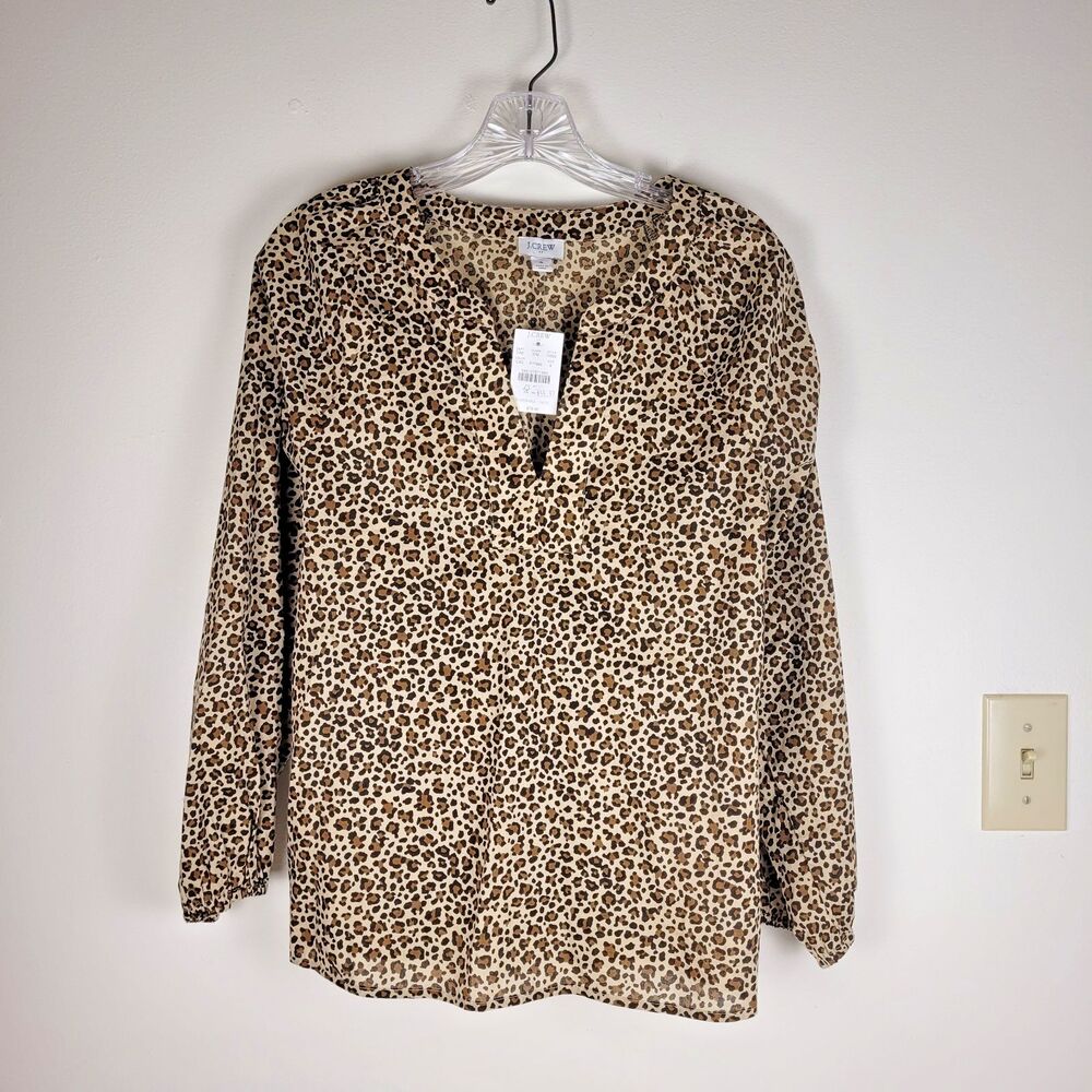 J. Crew Women's S Leopard Print V-Neck Tab Collar Long Sleeve 100% Cotton Blouse